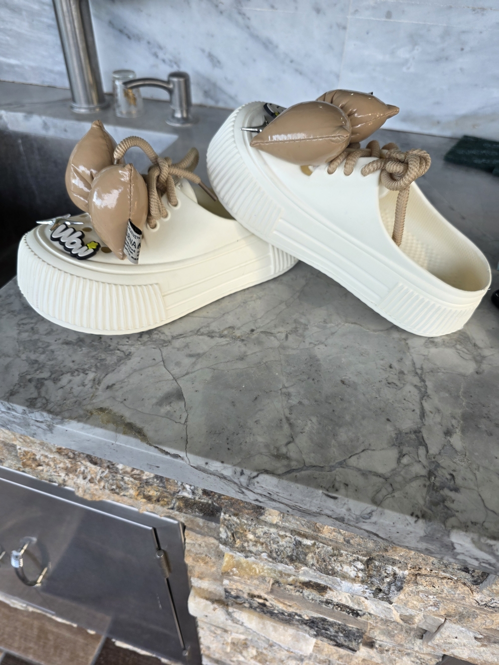 Smile Cream Platform Slide Mules with Tan Accents
